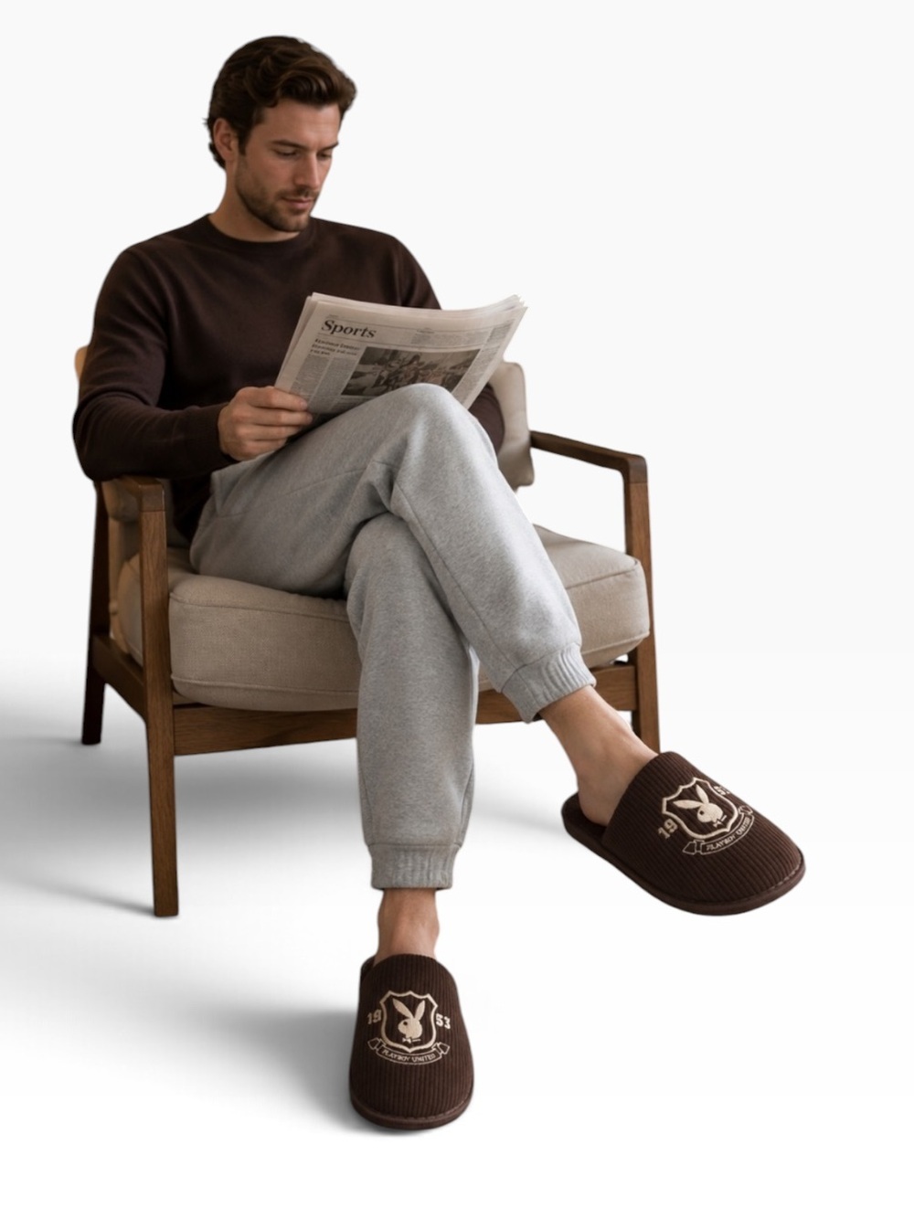 PLAYBOY Men’s Slip On Open Back Brown Bunny Head Slippers Memory Foam Size M NEW